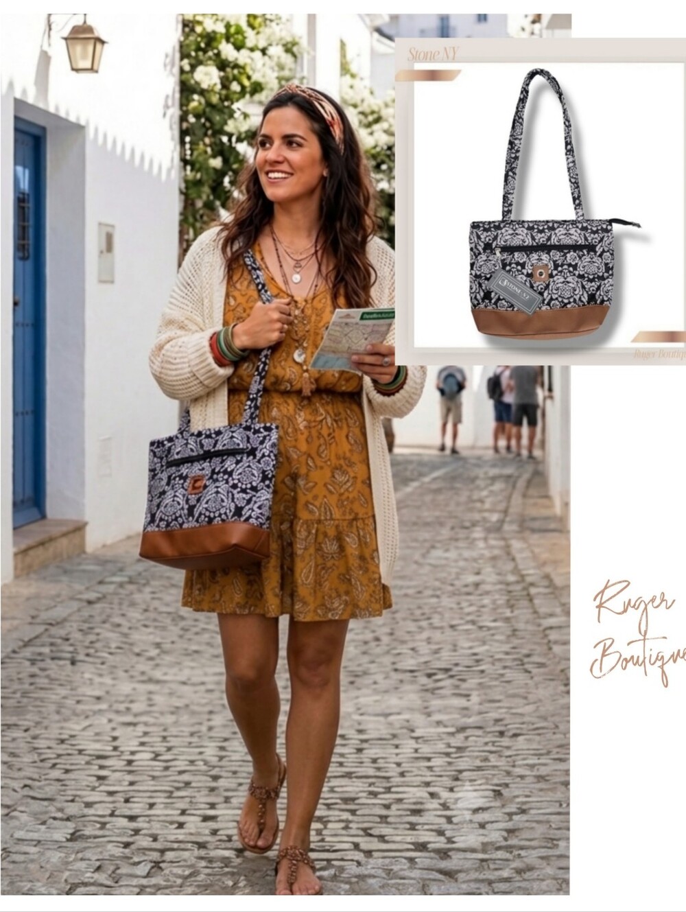 🌿Stone Mountain NY Quilted Floral Tote Bag NWT Black Tan Boho Chic Shoulder Bag